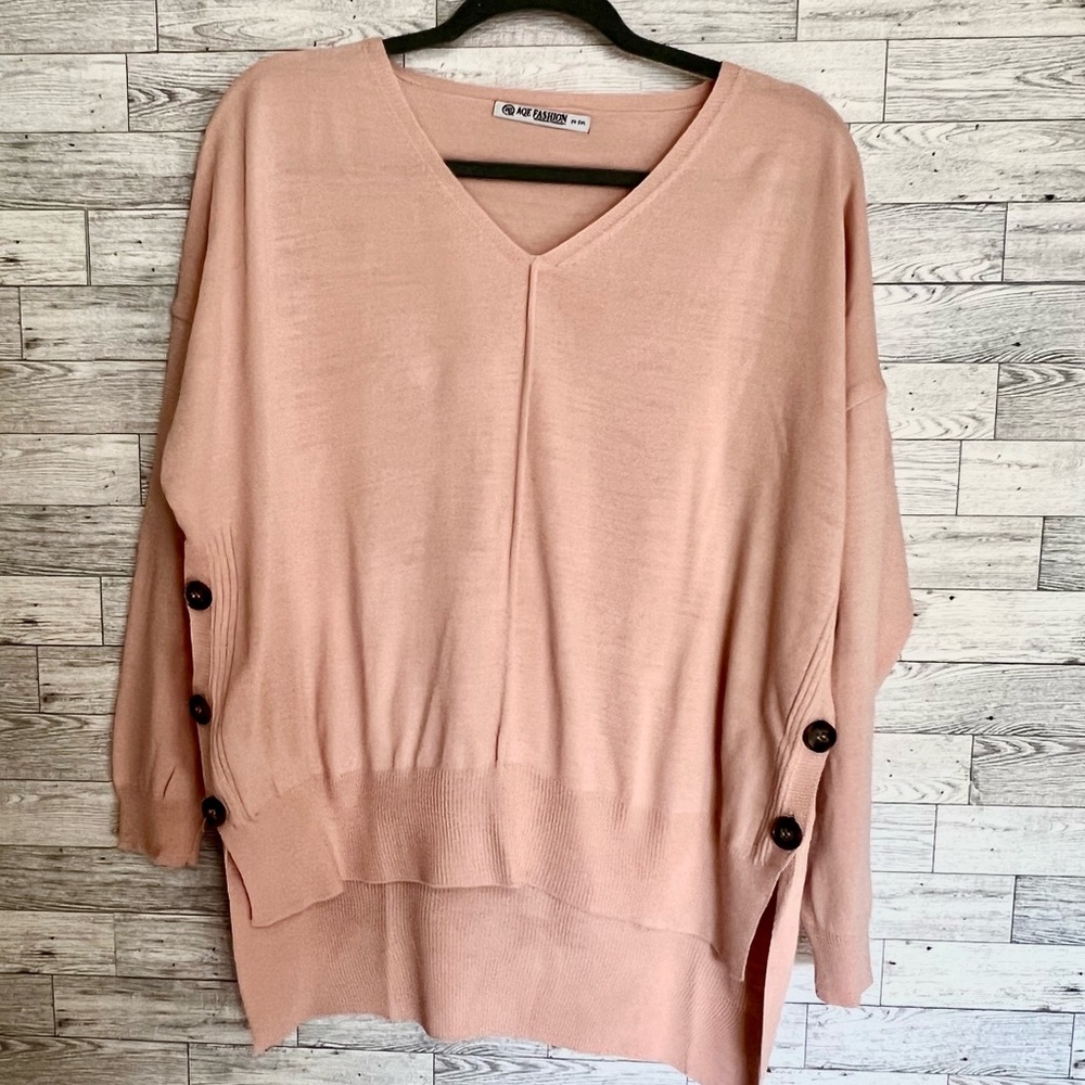 AQE Pink Sweater Size-2XL High/Low Buttons on Sides Mid-Weight Plus‎ Size